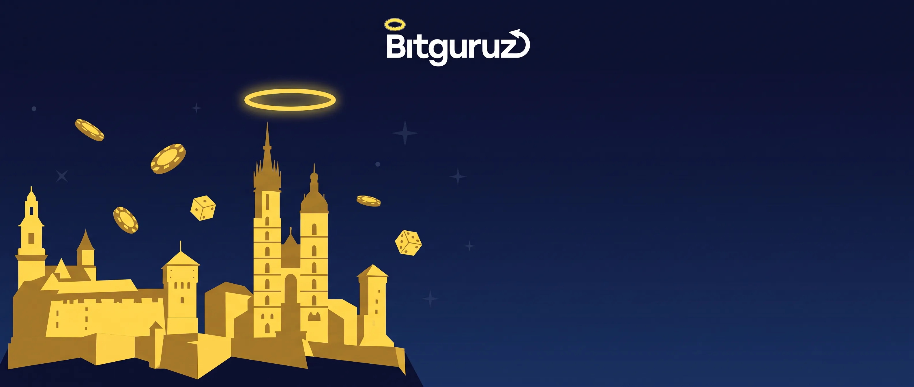 Złota panorama Krakowa i żetony na granatowym tle Bitguruz